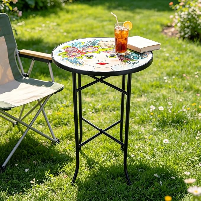 Mosaic Outdoor Side Table Small Round Patio Table Plant Stand | 21" Accent End Table with 14" Ceramic Tile Top for Small Spaces Porch Pool Garden Decor Indoor Living Room Bedroom Balcony