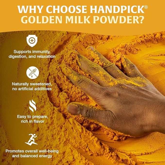 HANDPICK Golden Milk Powder with Turmeric - (7oz, 80 servings) Instant Latte Mix | Blend of Ginger, Black Pepper and Curcumin (Packaging may vary)