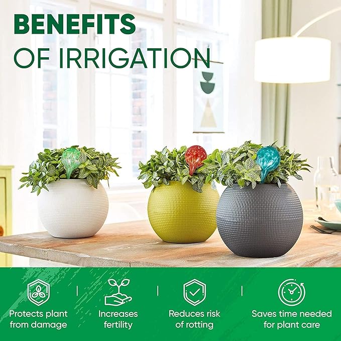 Plant Watering Globes Set of 6 - Small Glass Self Watering Globes for Indoor & Outdoor Plants - Multicolor Passive Watering Devices for Short Term Soil Moisture Support Bulbs