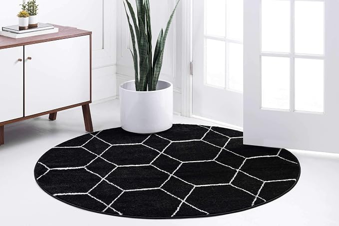 Unique Loom Trellis Frieze Collection Area Rug - Geometric (4' 1" Round, Black/ Ivory)