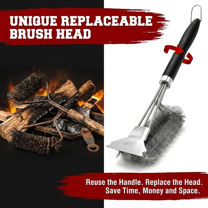 Kitchen Perfection BBQ Grill Brush & Scraper for Outdoor Grill - GrillSaver | Grill Cleaning Kit -Safe Wire Brush with Replaceable Head, Magnetic Hanger, Bottle Opener & Ebooks Full of Grilling Recipes