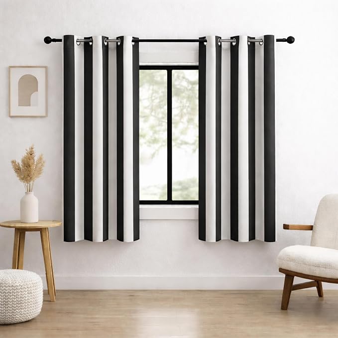 Black and White Vertical Stripe Blackout Curtains, Modern Minimalist Striped Drapes, 100% Light Blocking, Thermal Insulated & Noise Reducing Curtains, Grommet Top 42 x 63 Inches, 2 Panels