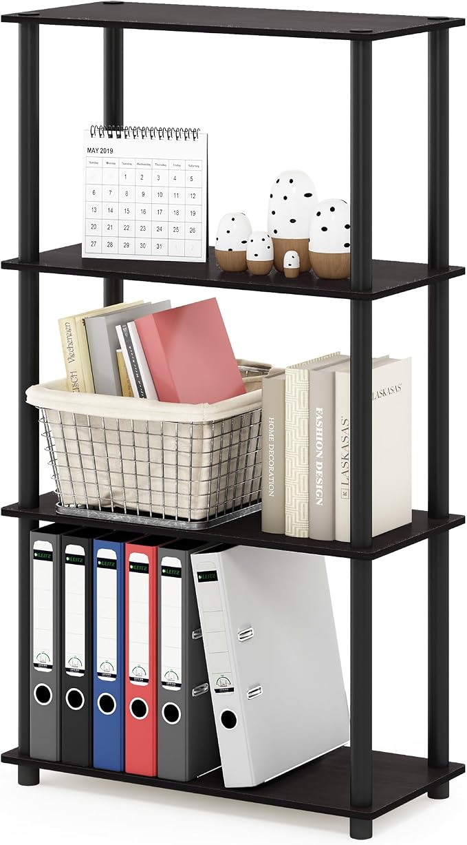 Furinno Turn-N-Tube 4-Tier Multipurpose Shelf Display Rack, Round Tubes, Dark Walnut