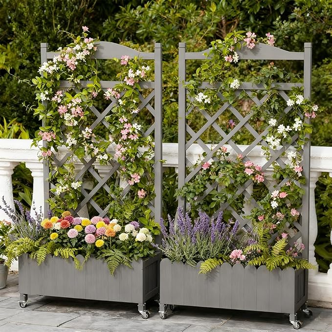 COMHOMA 2 Pack Planter Box with Trellis and Wheels, 48In Elevated Raised Garden Bed, Drainage Holes, Outdoor Lattice for Climbing Flowers, Vegetables, Patio Balcony, Gray