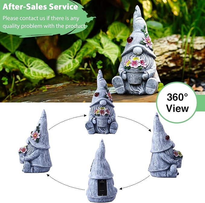 Solar Sitting Gnome with LED Flower Light Garden Decor | Durable resin material for outdoor use, warm LED glow, perfect garden gift for women, moms, housewarming decoration