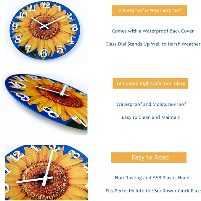 Yoiolclc Large Outdoor Clock Waterproof-Decorative Sun Flower Wall Clocks for Pool Patio Porch Garden(14 Inch,Sunflower)
