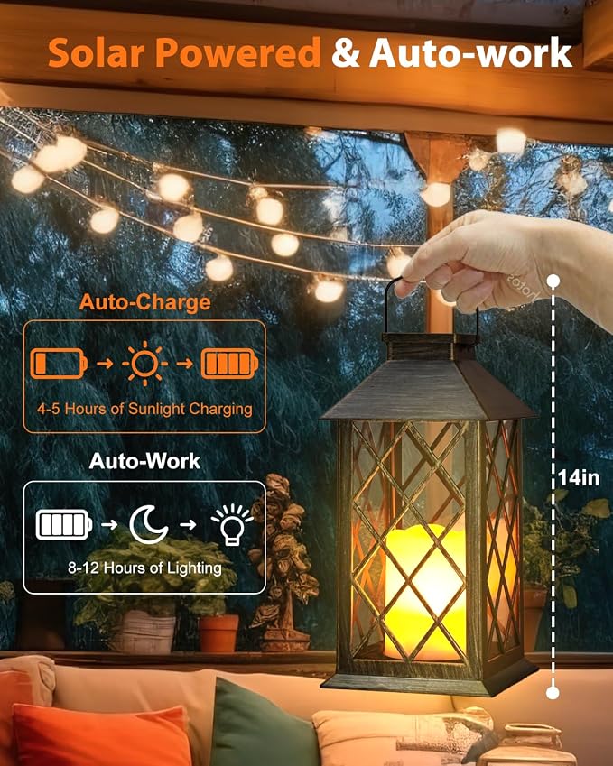 Otdair Solar Lanterns Outdoor Waterproof, 2 Pack 14" Hanging Flickering LED | Auto dusk-to-dawn; Flickering flame effect; 7–8h Runtime; IP65 waterproof; Retro style; Patio yard garden decor; Gift