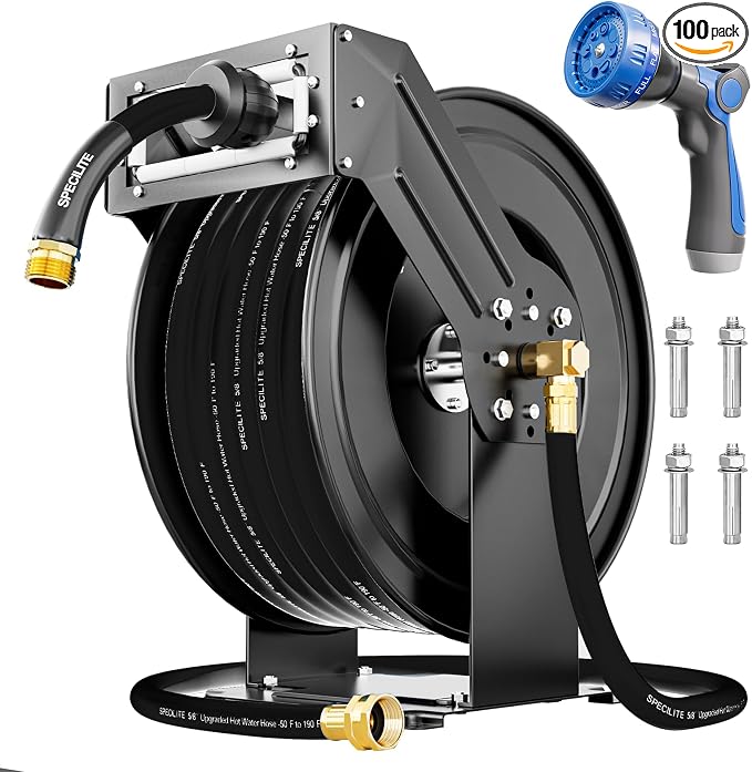 SPECILITE Retractable Hose Reel with 5/8'' Hot/Cold Garden Water Pipe 100ft, -50℉ -190℉, Heavy Duty Metal Wall Mount Spool, with 6ft Lead Hoses, Nozzle, 3/4'' Brass Fittings for Garage, Yard, Black