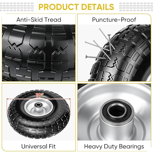 TICONN 10" Solid Tires, 2 Pack Flat Free 4.10/3.50-4'' Wheels with 5/8” Axle Bore Hole and Double Sealed Bearings (Silver, 2PK)