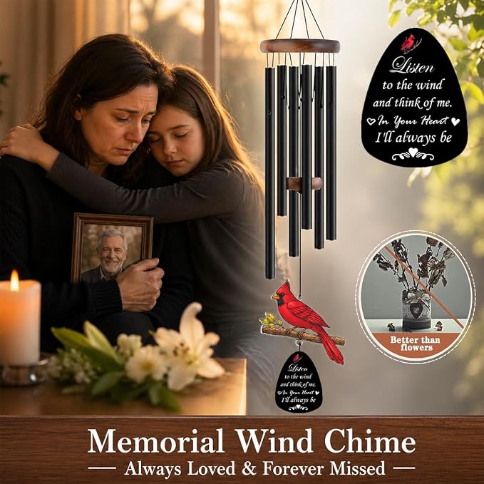 Sympathy Wind Chimes for Loss of Loved One, 37" Memorial Cardinal Wind Chimes for Outside, Bereavement Gift for Loss of Mother Father Husband Condolence Remembrance Garden Decor