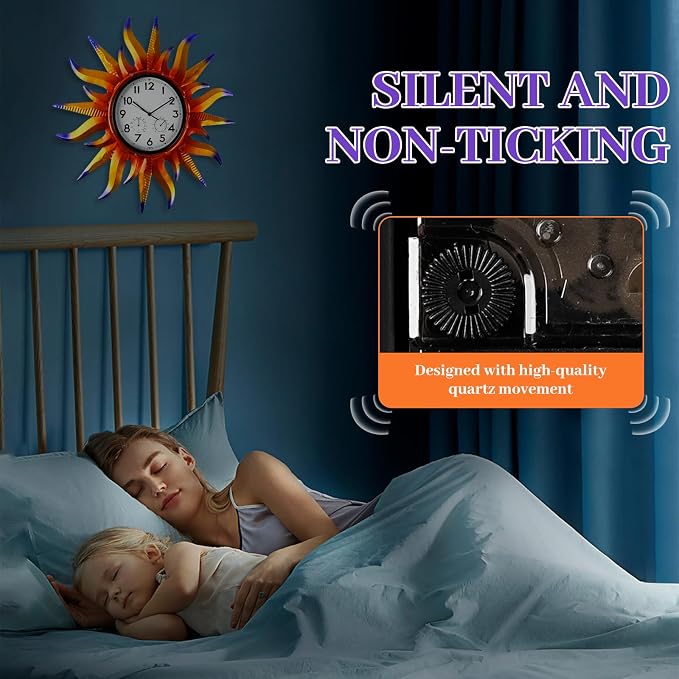 Large Sun Outdoor Clock with Thermometer & Hygrometer Combo, Silent No-Ticking Indoor Outdoor Wall Clock, Waterproof Quartz Clock for Patio,Kitchen, Living Room,Bathroom,Garden，25 Inch Violet