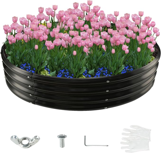 YSEJOMP 5FT Diameter Galvanized Garden Raised Bed/Plant Box/Fire Pit Ring - 0.8mm Thick,12 Inch Tall,Perfect for Planting a Variety of Flowers,Herbs,Vegetables (Black, 60 Dia X 11.5 inches)