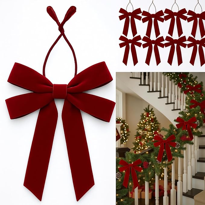 36 Pcs 20 Inches Christmas Garland Ties with Large Velvet Bows Decorative Reusable Twist Tie Bows for Banister Christmas Indoor Outdoor Holiday Wreath Decorations(Burgundy)