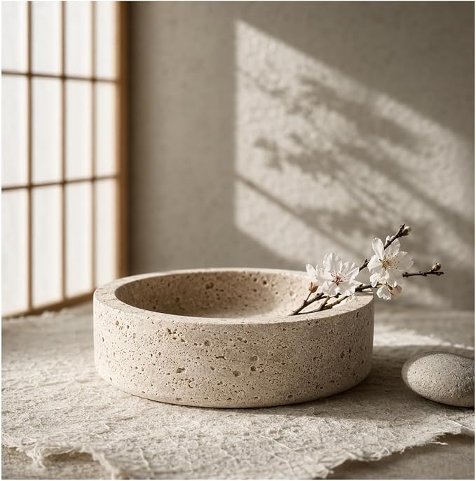 Natural Travertine Decorative Bowl 8",Fruit Bowl for Kitchen Counter & Natural Stone Centerpiece for Coffee Table Decor, For Kitchen Fruit Bowl, Key Holder for Entryway, Dining Table Centerpiece.