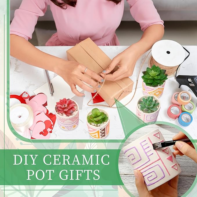 Zubebe 16 Pcs Paint Your Own Flower Ceramic Pots with Drainage Hole, 8 Style Bohemian Unfinished Succulent Pots Painting Kit Mini Paintable Vase for Summer Spring Classroom Craft Gift DIY Art Activity