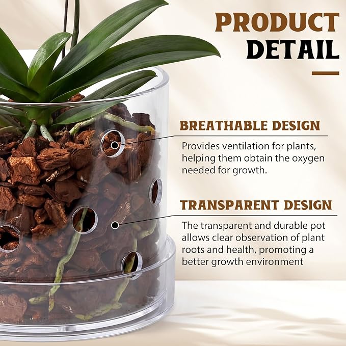 6 Inch Clear Acrylic Orchid Planter Pot with 360° Round Holes & Tray, Thick Acrylic Vented Planter for Phalaenopsis, Root Airflow, Bottom Watering & Indoor Orchid Repotting