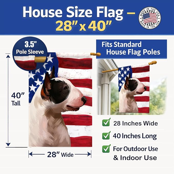 Caroline's Treasures CK6466CHF Bull Terrier Miniature American Flag House Flag Large Porch Sleeve Pole Decorative Outside Yard Banner Artwork Wall Hanging, Polyester, House Size, Multicolor