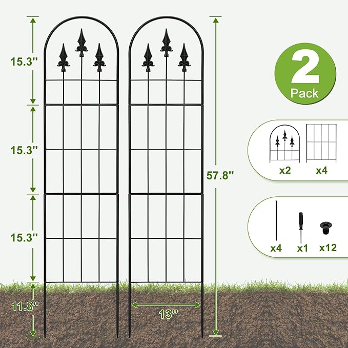 2 Pack 57.8" H x13 W Garden Trellis for Climbing Plants Outdoor, Rustproof Arched Metal Rose Trellis for Outdoor Indoor Roses Clematis Potted Climbing Plants Vines Flowers Decorative, Black