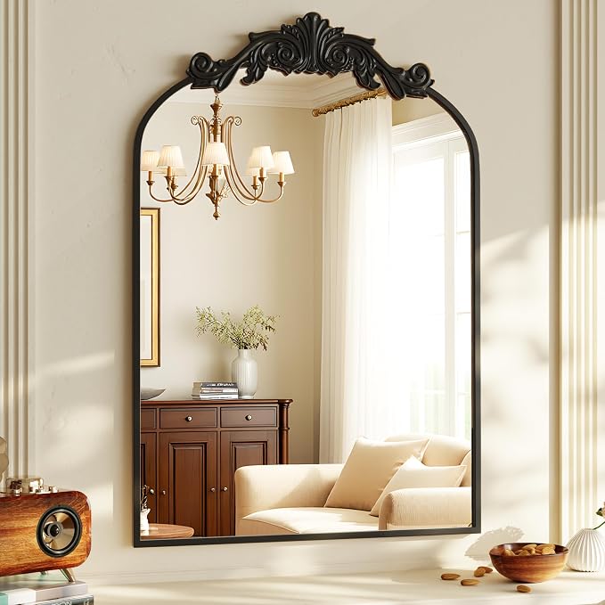 Vintage Arched Bathroom Mirror, 24x36 Inch Retro Matte Black | Wall Mounted Vanity Mirror with Carved Pattern Top and Metal Frame, Decorative Mirror for Hanging or Leaning