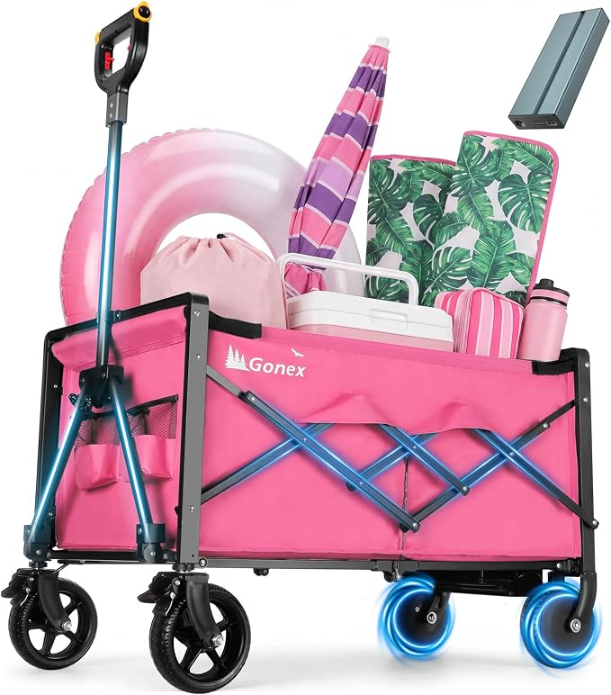 Gonex Electric Wagon Cart with Smart Handlebar 360lbs Heavy Duty Motorized Utility Wagon for Camping Gardening 200L Collapsible Foldable Grocery Cart with Silent Hub Motor Magnetic Brake Pink