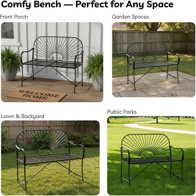 XBrand 44" L Iron Sun-Patterned Seat for Two, Patio & Porch Furniture for Park, Yard, Lawn, Balcony, Backyard – Black