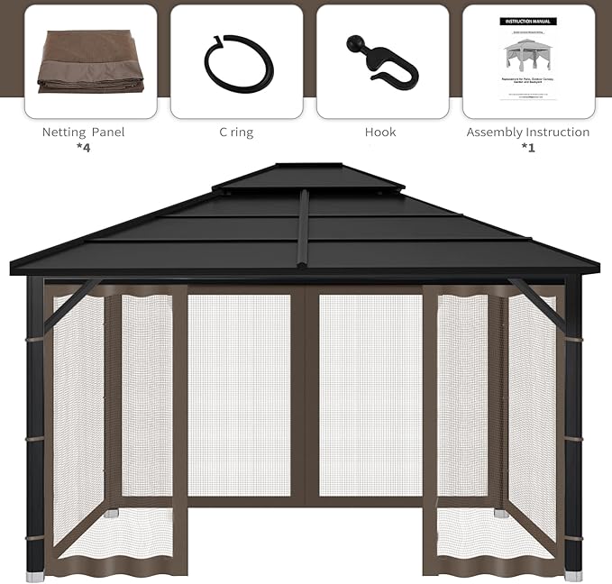 Gazebo Replacement Mosquito Netting Outdoor Universal Gazebo Canopy 4-Panels Screen Sidewalls with Zipper for Patio Garden (Coffee, 10x12)