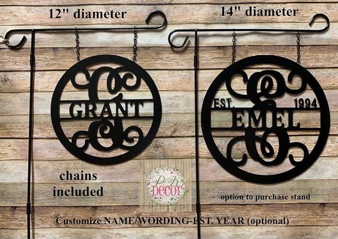 Customizable Last Name Established Date Garden Flag or Home Decor ACM Metal Sign, Hanging Decorative Initial Monogram Sign Door Wreath or Front Door Hanger, Personalized Decor (12 inch)
