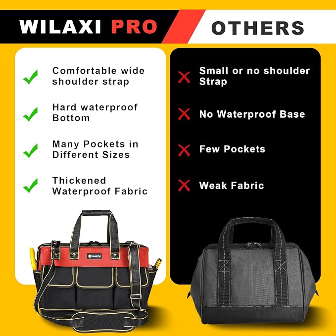 20 in Tool Bag For Men with Waterproof Molded Base, High Capacity Wide Mouth Tote, Construction Worker Electricians Tool Bags, Large Tool Bag Organizer for Men Women (Red)