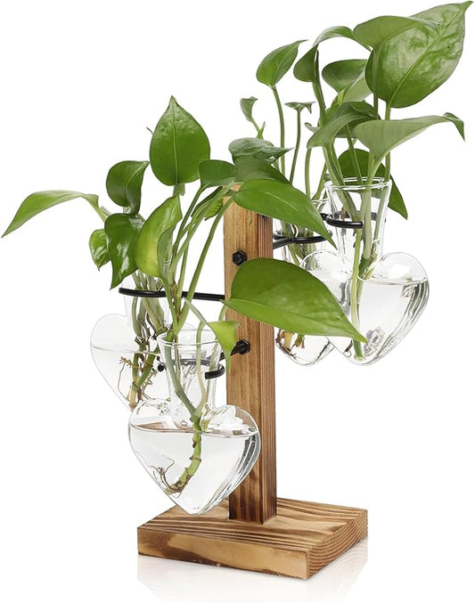 Plant Terrarium Propagation Stations with Wooden Stand | Glass Vase for Indoor Hydroponics Home Garden Office Decoration Gift for Women - 4 Love Bulb Vase