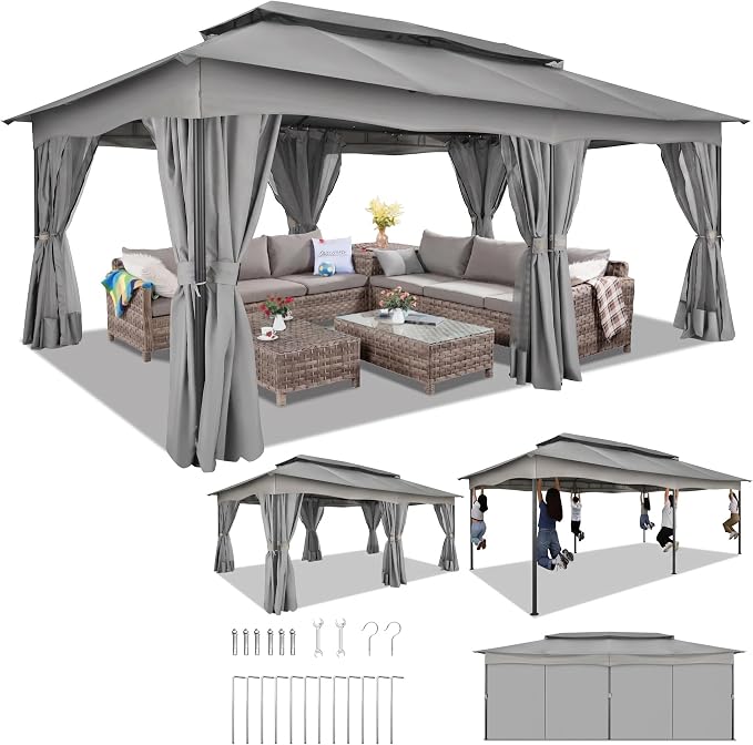 COBIZI Gazebo 12x20 FT Outdoor Gazebo on Clearance with Double Ventilated Arc Roof, Privacy Curtains & Mosquito Netting, Easy Set up Canopy Tent with Stable Metal Frame for Patio Gray