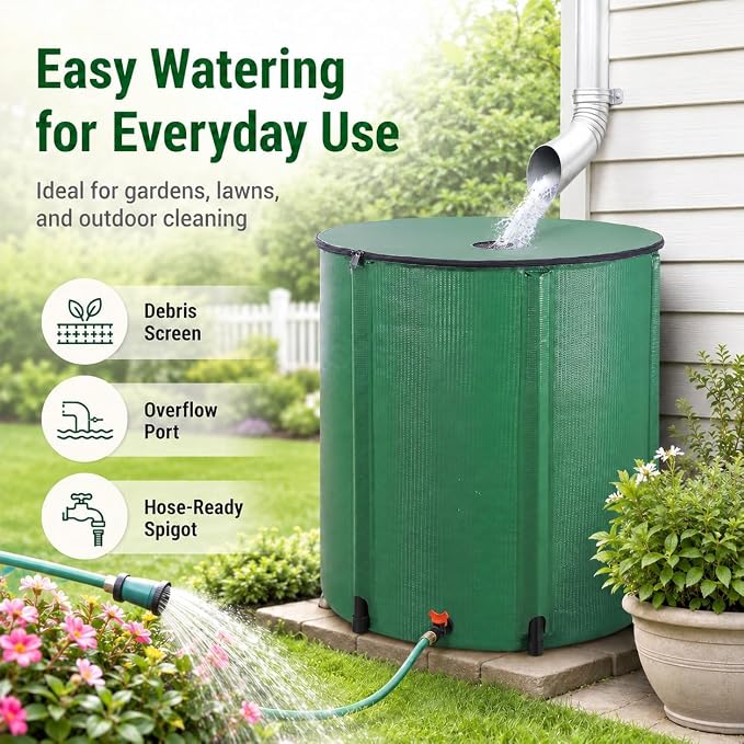 Collapsible Rain Barrel, 200 Gallon Portable Rainwater Collection System, Water Storage Tank, Rain Catcher Barrel with Spigots and Overflow Kit, Rain Water Barrel Collector for Garden, Green