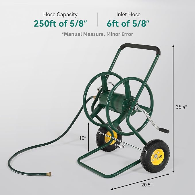 Hose Reel Cart, 250FT 5/8" All-Terrain Mobile Water Hose Truck, Heavy-Duty Rust-Proof Iron Frame Industrial Garden Cart for Outdoor Lawn Yard & Car Washing