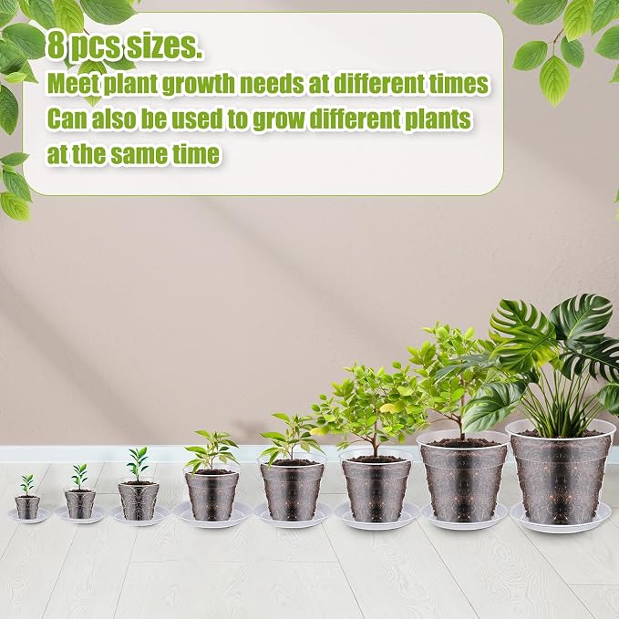 Domensi 40 Pack Clear Nursery Pots 3/4/5/6/7/8/9/10 Inch Plastic Plant Pots with Drainage Holes and 32 Trays Garden Seedling Pot with 40 Plant Labels 2 Garden Tools for House Plants Flowers