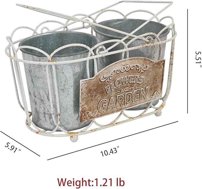 Vintage White Iron Planter Basket with 2 Metal Flower Pots - Rustic Farmhouse Plant Holder for Indoor Outdoor Balcony, Window Sill, Tabletop Decor (White#4)