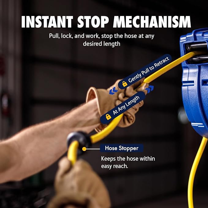 Goodyear Retractable Air Hose Reel with Safety-Speed Control, 3/8" x 50 FT, 300 PSI Hybrid Polymer Hose, Automatic Rewind, Stop-Anywhere Lock, Slow Retraction, Leak-Proof Swivel