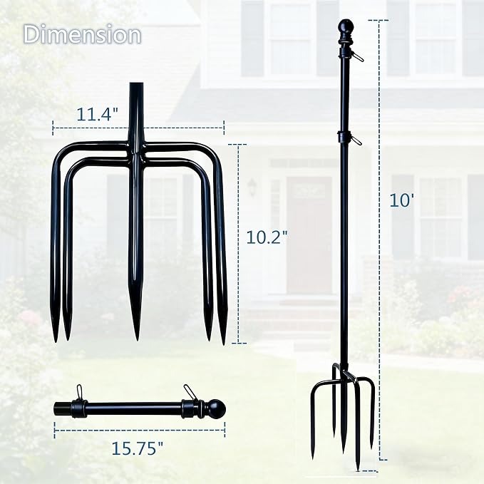 MTB Garden 10ft Black Flag Poles in Ground for Outside, Flagpole Stand for House Ground with 5 Pronges Base