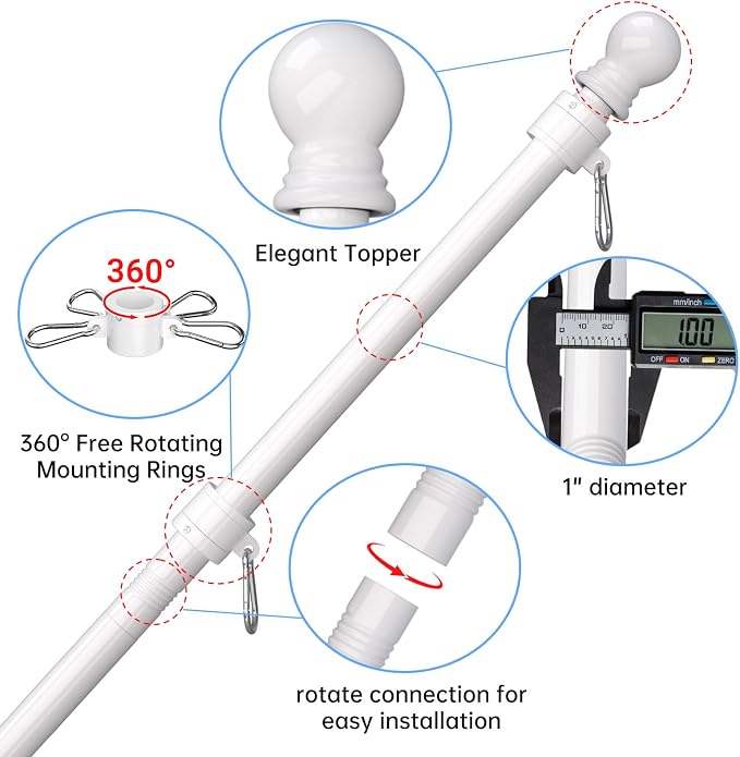 ZMTECH 6FT American Flag Pole for Outside House with Solar Light | Tangle Free Stainless Steel USA Flag Pole Kit, 180° Adjustable Holder for Outside House Yard, White (No Flag Included)