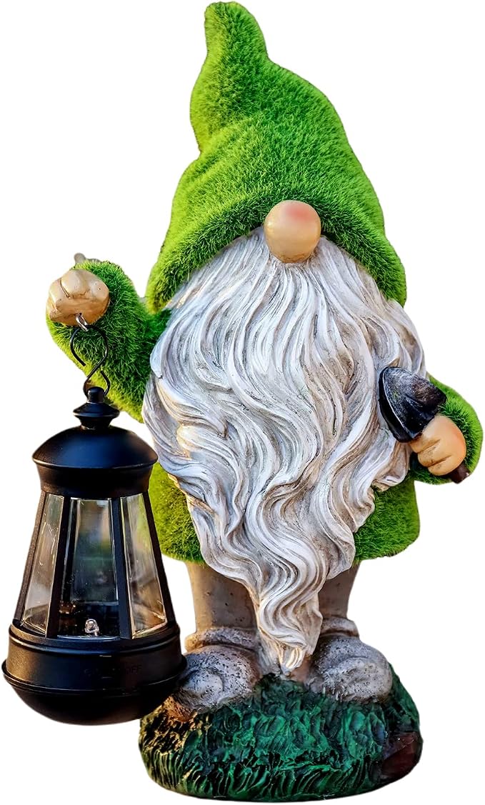TERESA'S COLLECTIONS Garden Gnomes Outdoor, Green Resin Solar Gnome Decorations for Yard Patio Porch Outside, Gnome Gifts for Mom and Women,12"