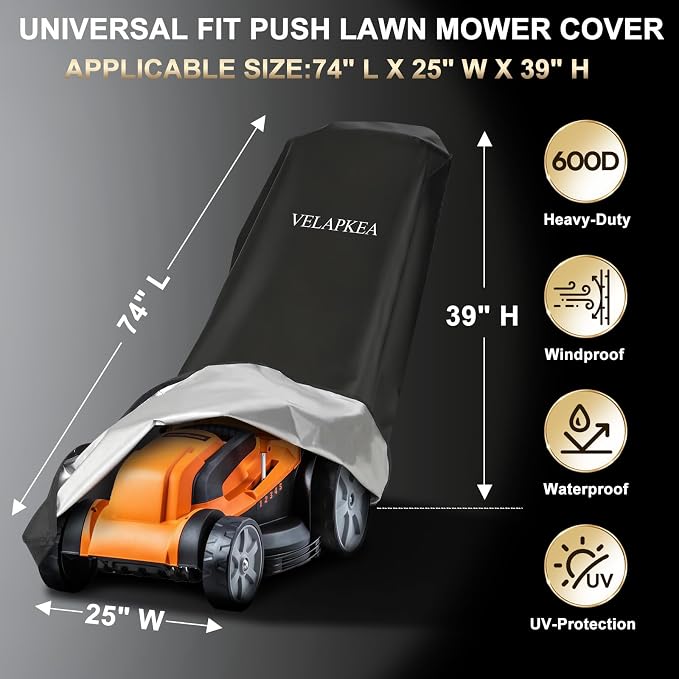 Push Lawn Mower Cover, 600D Heavy Duty Waterproof for Outdoor | Universal Fit 74"L x 25"W x 39"H, Double Stitched, UV & Weather Resistant, Adjustable Double Drawstring, Storage Bag Included
