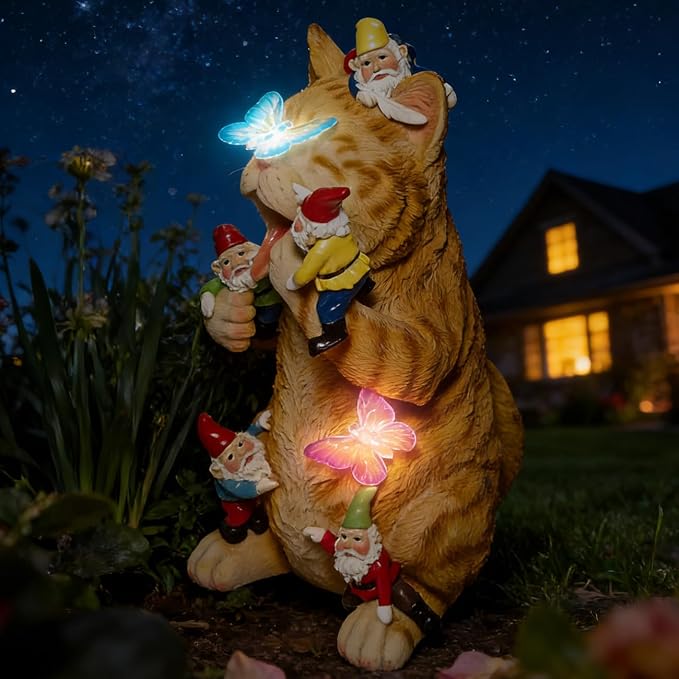 Sunthus Garden Gnome Cat Yard Art Resin Statue Décor | Solar Light Figurine For Outdoor Garden Decorations