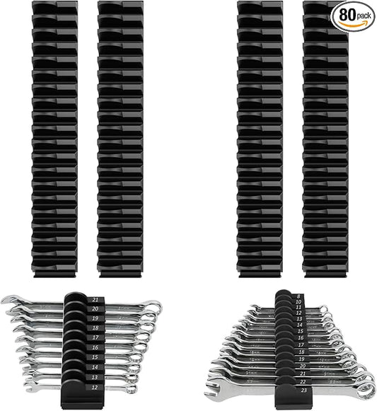 DEHOYI 80 pcs MAGNETIC Modular Wrench Organizers for Tool Drawers - Wrench Rack with Metric & SAE Labels, Perfect Tool Storage Holder. Gift for father, brother and boyfriend (With Magent) (Black)