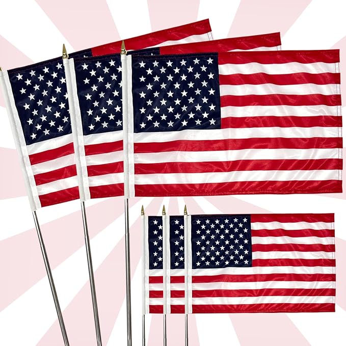 AMZFLAG 6 Pack Small American Flags on Stick 12x18 Inch for 250th Anniversary, Heavy Duty Mini Hand Held Handheld US USA Flags with Retractable Pole for 4th of July Outside Yard Garden Decorations