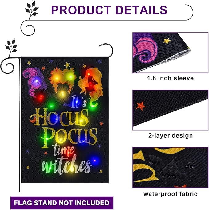 Halloween Lighted Garden Flag, Solar It's Hocus Pocus Witch Yard Flag for Outside, 8 Modes Double Sided Halloween Outdoor Decorations for Home Porch