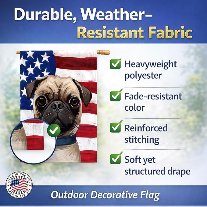 Caroline's Treasures CK6665CHF Pug Dog American Flag House Flag Large Porch Sleeve Pole Decorative Outside Yard Banner Artwork Wall Hanging, Polyester, House Size, Multicolor
