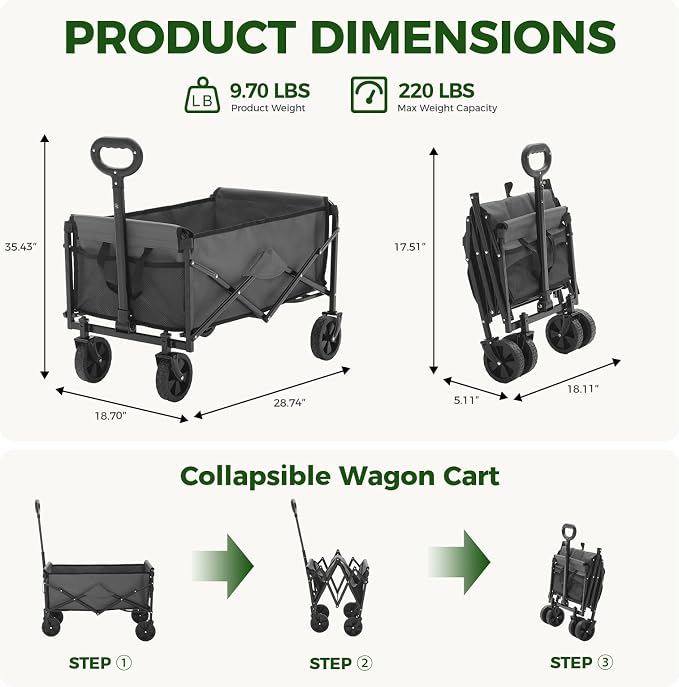 OLIXIS Collapsible Wagon 67L Compact Lightweight Utility Folding Wagon Cart with Wheels – 220 lbs Weight Capacity, Flexible Handle for Beach, Grocery, Camping, Shopping, Sports & Garden, Gray