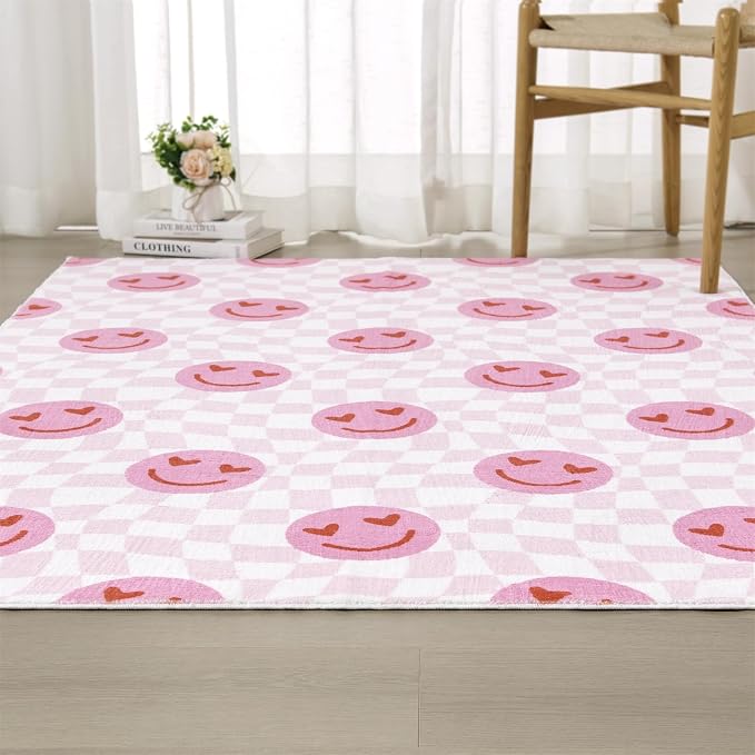 Washable Cute Pink Checkered Rugs for Girls Bedroom Aesthetic Decor, Ultra Thin Funky Groovy Aesthetic Retro Trippy 4x6 Area Rug for Living Room Nursery, Preppy Modern Y2K Dorm Accent Carpet