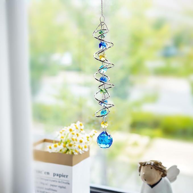 20.5in Sea Blue Crystal Gazing Ball Spiral Wind Spinner Suncatcher | Sea Blue Crystal Gazing Ball Spiral Wind Spinner Rainbow Maker Sun Catcher with Chain for Indoor Outdoor Garden Decor