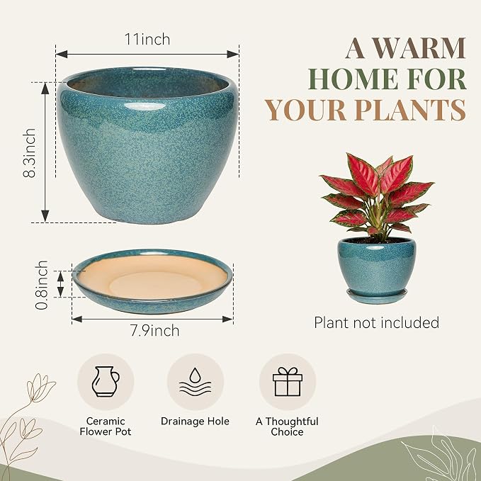 11 Inch Ceramic Plant Pot with Drainage Hole Mesh Net, Large Gardening Pots for Indoor Plants with Saucer, Crackle Blue