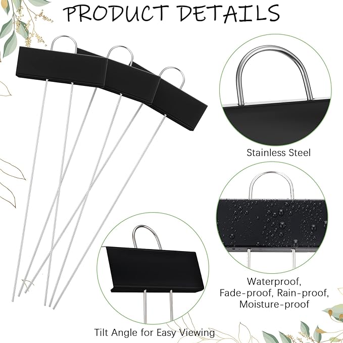 Maitys 38 Pcs Metal Plant Labels Garden Markers Outdoor Weatherproof 10.6 Inch Stainless Steel Nursery Tags Reusable Bulk with Pens for Flower Fruit Vegetable Seedling (Black Label with White Ink)