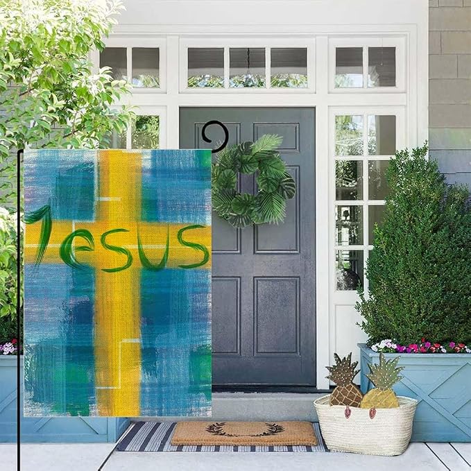 EMMTEEY Easter Garden Flag Double Sided 12.5X18 Inch Yard Decor Garden Flags Jesus Lettering Design Housewarming Modern Blue Yellow Outdoor Garden Flag
